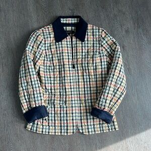 Talbots XS quilted jacket gingham plaid navy collar coat check casual preppy